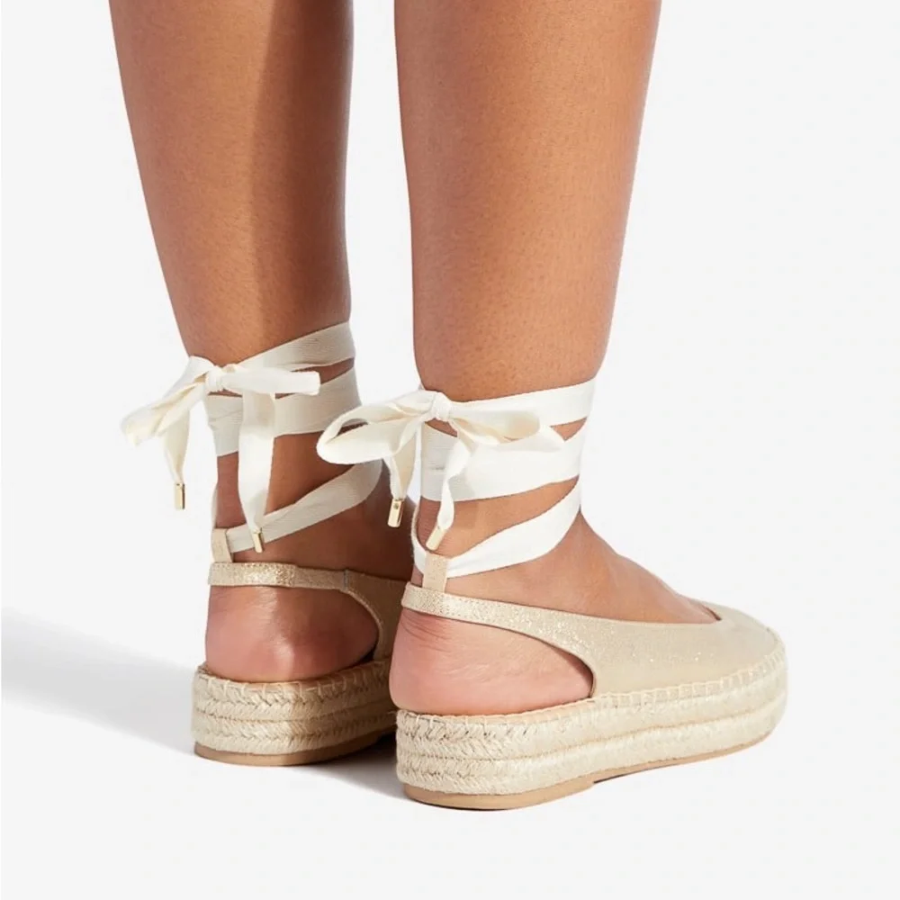 Shoe Dazzle Neutral Beige Espadrille Platform Wrap Flats